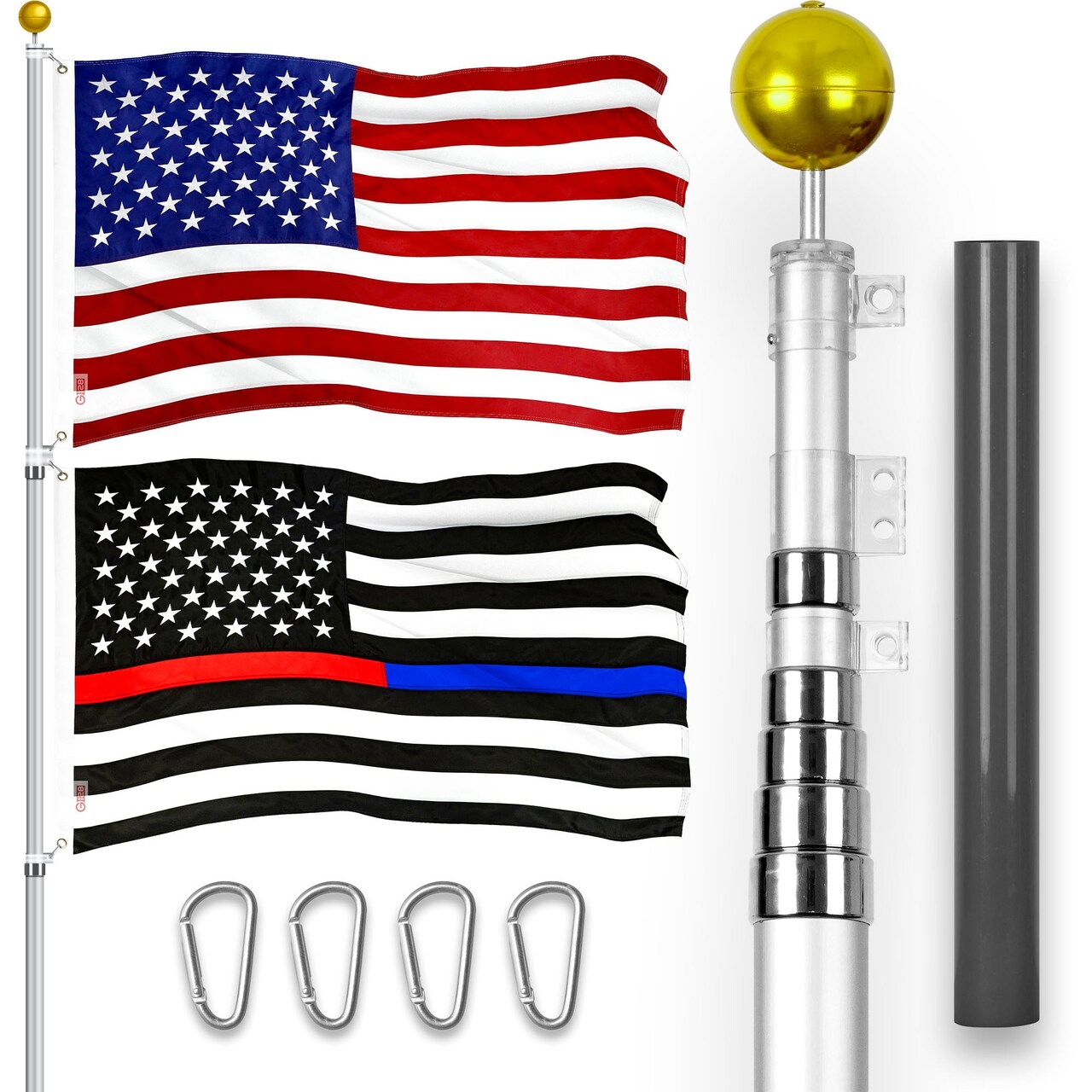 G128 Combo Pack: 25 Ft Telescoping Aluminum Flagpole (Silver) & American and Thin Blue Red Line Flags 3x5 Ft, Both ToughWeave Series Embroidered Polyester | Pole with Flags Included